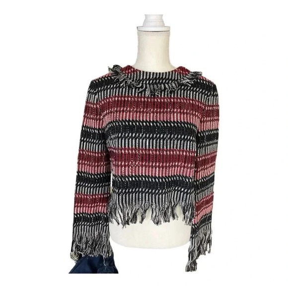 NICHOLAS Fringe Tweed Red Black Stripe Cotton Wool Woven Zip Top - Picture 2 of 15